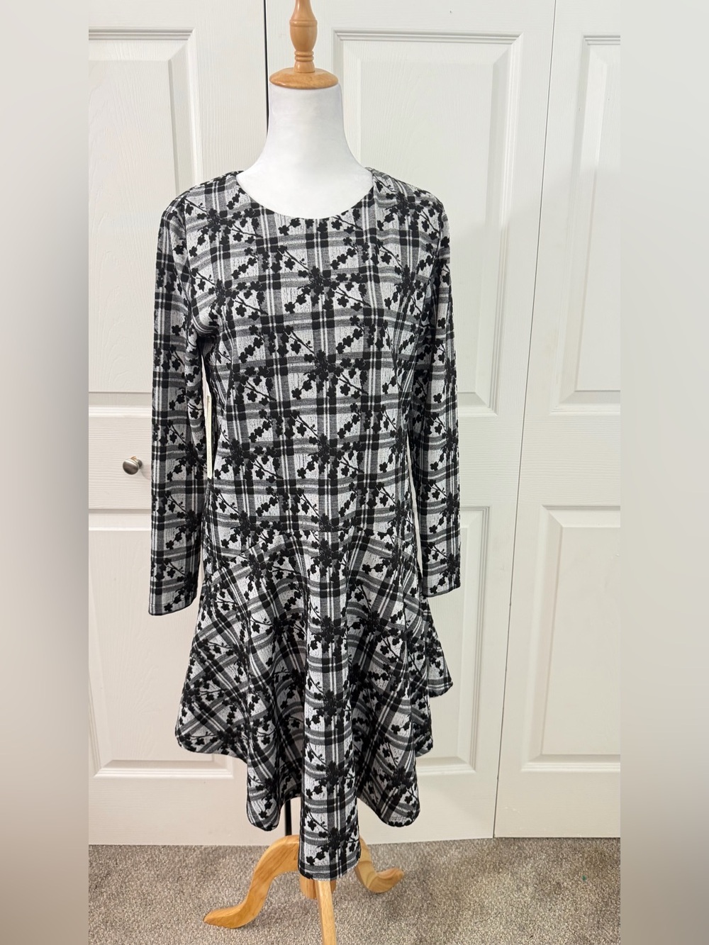 Hutch Anthropologie NWT Plaid Floral Fit Flare High Low Dress Black White size S